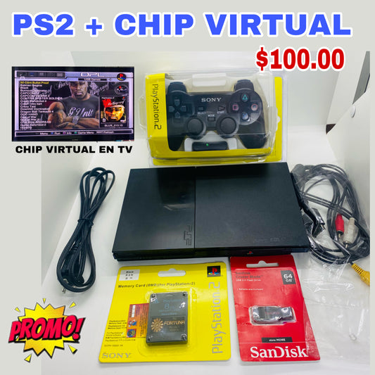 Ps2 Slim + 1 Mando + Combo 64Gb + Chip Virtual 500 juegos